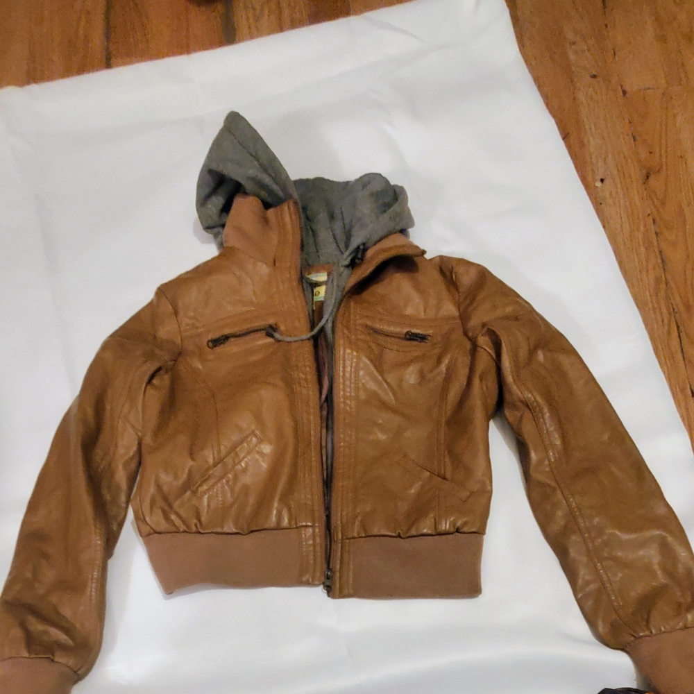 Stylish Tan Jacket with Gray Hood